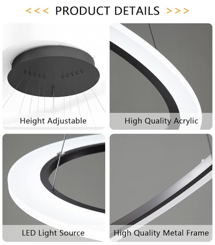 Modern LED Dimmable Chandelier 5 Ring High Ceiling Large Chandelier for Living Room Hanging Light Fixture for Foyer Staircase Black