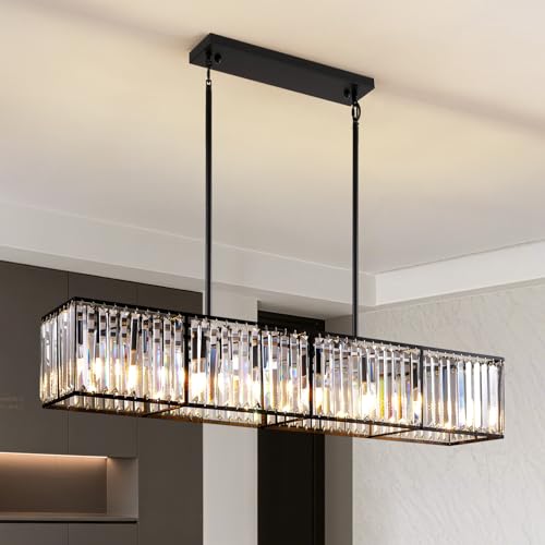 Modern Black Rectangular Crystal Chandelier for Dining Room