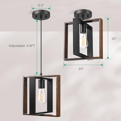 Farmhouse Pendant Light Wood Grain Finish Black Adjustable