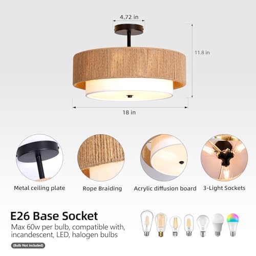 Boho Rattan semi Flush Mount Ceiling Light