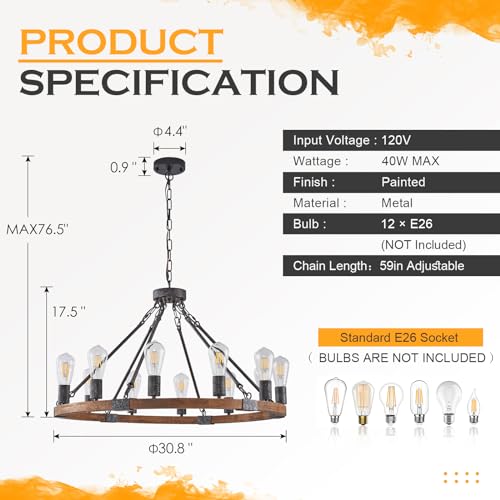 Farmhouse Wagon Wheel Chandelier 31" 12