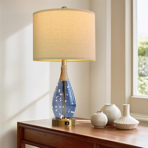 23" Table Lamps for Living Room Set of 2 Bedside Lamps for Night Stands Bedroom Lamps Farmhouse Rattan Boho Lamp Glass Nightlight End Table Lamp with USB C+A (2 Count)