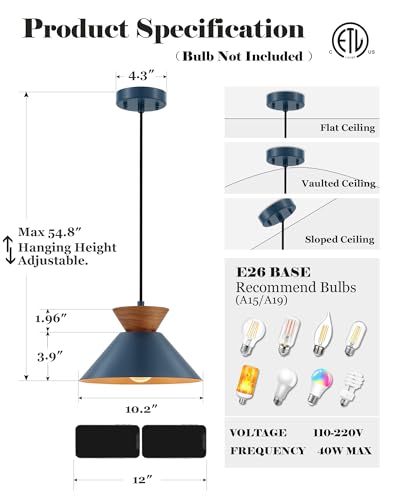 10 Inch Modern Pendant Light Fixture Farmhouse Solid Wood Hanging Lamp with Navy Blue Metal Shade & Gold Inner Finish Adjustable Pendant Light for Kitchen Island Dining Room Bedroom Modern Blue