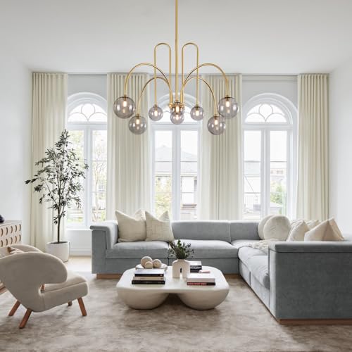 Gold Sputnik Chandelier with Smoke Glass Globe 8 Lights L41 Inch