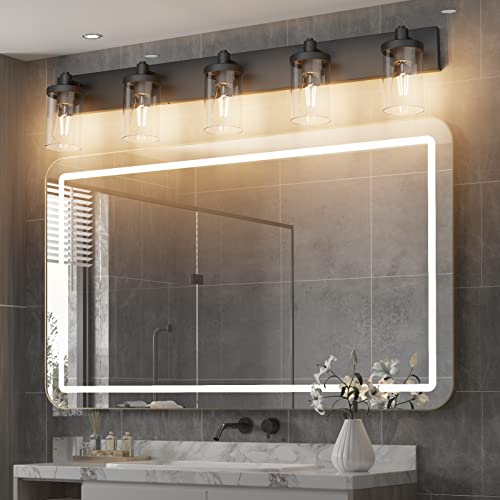 Matte Black Bathroom Vanity Light Fixtures 5 Lights Industrial Lighting Fixtures Over Mirror with Clear Glass Shade