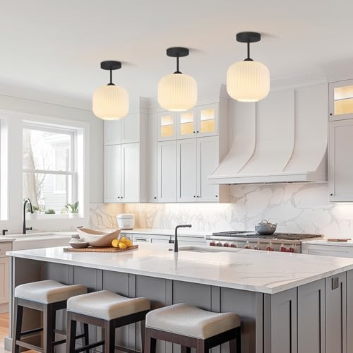 Small White Ribbed Glass Flush Mount Ceiling Light (2 Count)