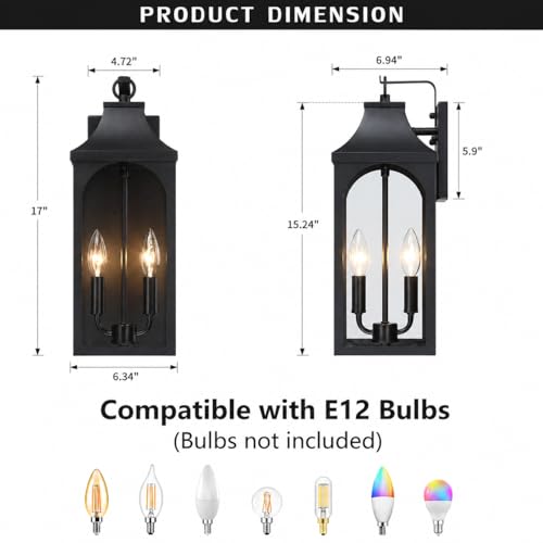 17-Inch 2-Light Outdoor Porch Wall Lantern, Black Exterior Light (2 Count)