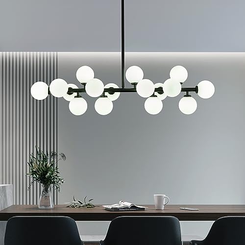 Modern Linear Chandeliers Black 16 Lights Pendant Light Fixtures Bubble Glass Chandelier Mid Century Sputnik Chandelier for Kitchen Island Dining Room