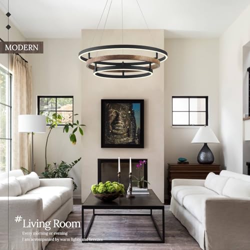 3 Ring LED Chandelier Modern Chandeliers Walnut Wood Black Dimmable 24''