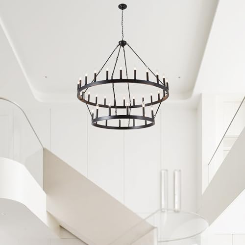 Rustic Farmhouse Black Wagon Wheel Chandelier Large Chandeliers for High Ceilings 2 Tier 36 Lights 48 Inch for Dining Room Living Room Foyer Porch Kitchen Island