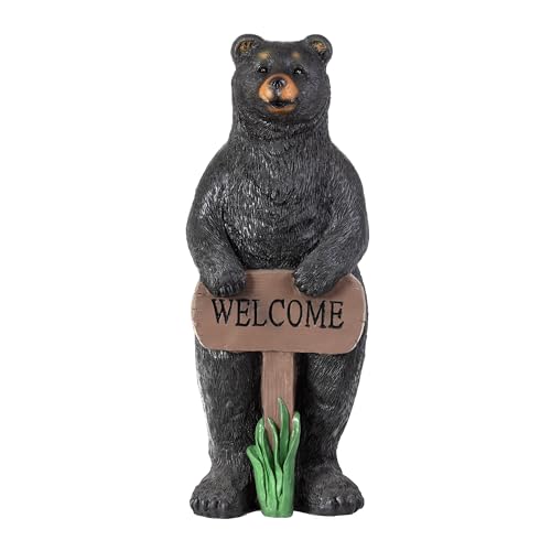 36" Tall Outdoor Standing Black Bear with Welcome Sign Yard Statue Decoration