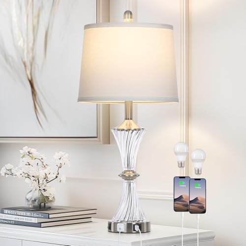 Crystal Glass Table Lamp with USB C+A Ports & AC Outlet