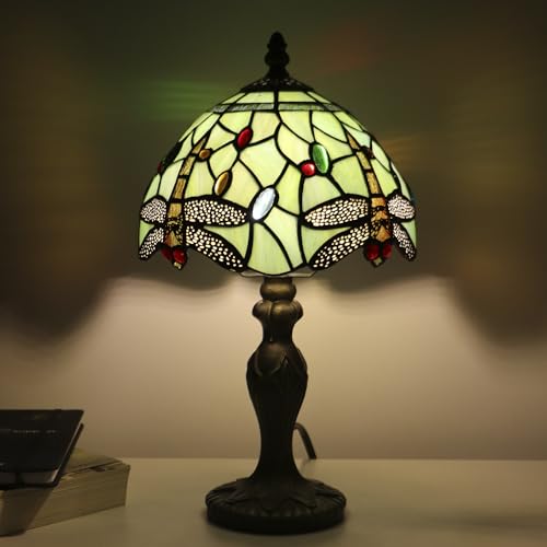 Tiffany Table Lamp Dragonfly Style Grass Green Stained Glass Accent Lamp Bronze Resin Base 8X8X14 Inch