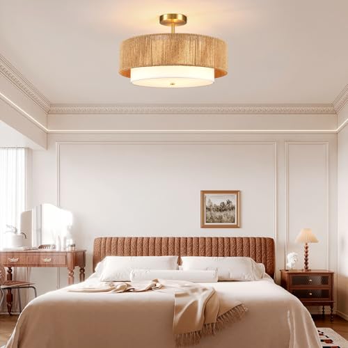 Boho Semi Flush Mount Ceiling Light Rattan Ceiling Light 18" Farmhouse Ceiling Lamp with Natural Hemp Rope Fabric Lampshade for Dining Room Living Room Bedroom Kitchen