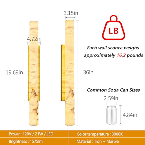 Natural Alabaster Wall Sconces Spanish Marble Wall Light Cylinder Modern Gold LED Sconce for Living Room Bedroom Bathroom Stairs（L
