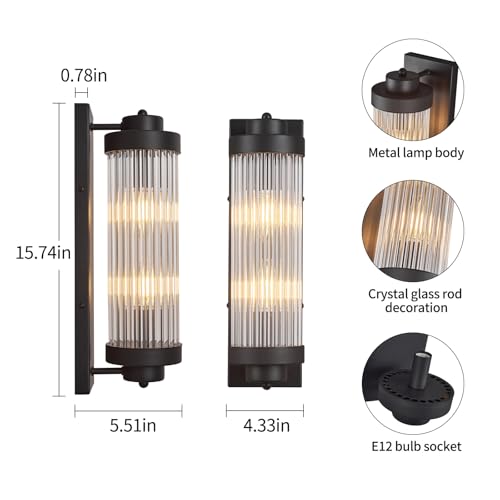 Black Wall Sconces Set of Two with Crystal Glass Strip Bathroom Sconces Modern Wall Lights for Bedroom Living Room Hallway Wall Light Fixtures (2 Count)