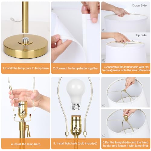 Modern Gold table Lamp 22" to 30"Adjustable Height 3 Brightness Way Brass Nightstand with White Linen Shade Pull Chain Pole Lights for Living Room Guest Bedroom End Table Office