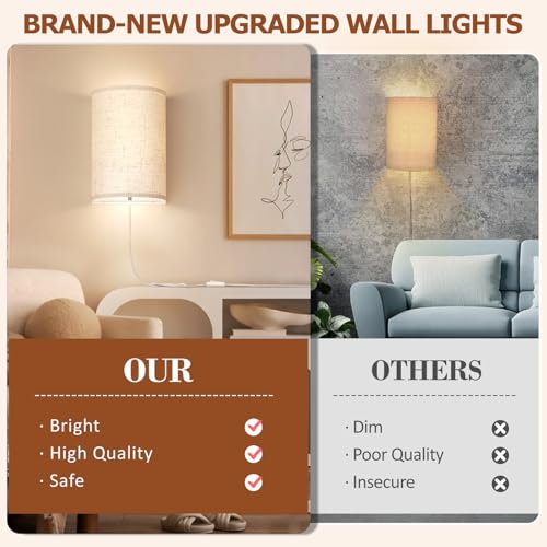 Plug in Wall Sconces Set of Two Wall Lights Lamp with On (2 Count)
