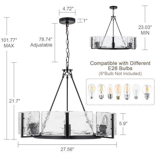 Black Glass Drum Chandelier 27.6” Modern Dining Room Chandelier