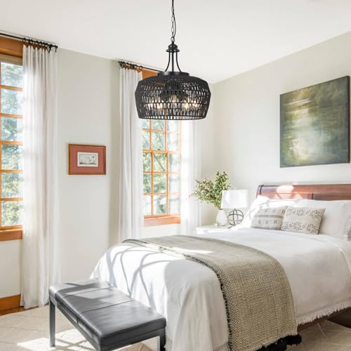 Black Rattan Chandeliers for Dining Room