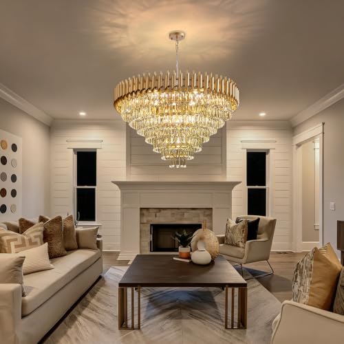Modern Crystal Chandelier 7 Tiers Gold 35" Round 18 (19 Count)