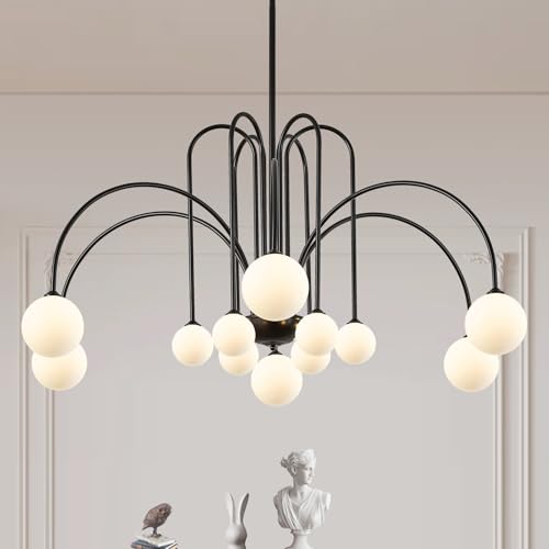 Black Sputnik Chandelier with Milk Glass Globe 12 Lights L52 Inch