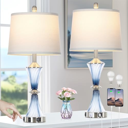 Blue Glass Table Lamp Set of 2 with USB C+A Ports & AC Outlet (2 Count)