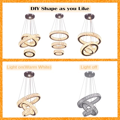 LED Chandeliers Modern 3 Rings Crystal Chandelier Ceiling Light Fixture Height Adjustable and Stainless Steel Pendant Lighting Fixtures for Dining Room Living Room Kitchen