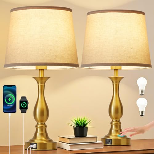 Bedside Table Lamp Touch Control Bedroom Lamps with USB A and C Charging Port 3 Way Dimmable Touch Lamps for Nightstand Living Room Bedroom Dorm Home Office Reading (2 Count)