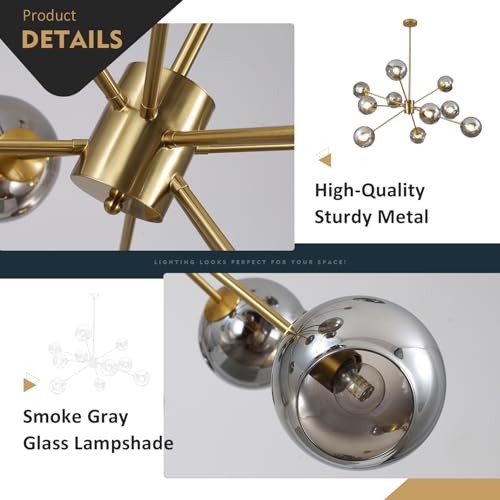 10 Lights Mid Century Modern Large Smoke Grey Sputnik Chandelier Brushed Gold Globe Sputnik Light Fixture Nordic Hanging Ball Chandelier Vintage Minimalist Brass Pendant Lights Kitchen Island