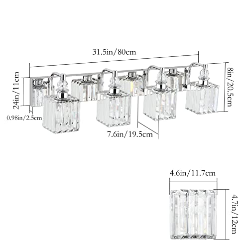 Modern Crystal Vanity Light for Bathroom 4 Light 31.5''Chrome Bathroom Wall Lighting Fixtures Over Mirror