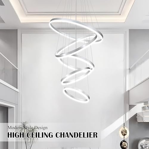 5 Rings Pendant Lights Modern Nickel Led Chandelier Nickel Modern Led Pendant Light Dimmable Height Adjustable Chandeliers for Dining Room Bedroom Entryway Living Room Foyer