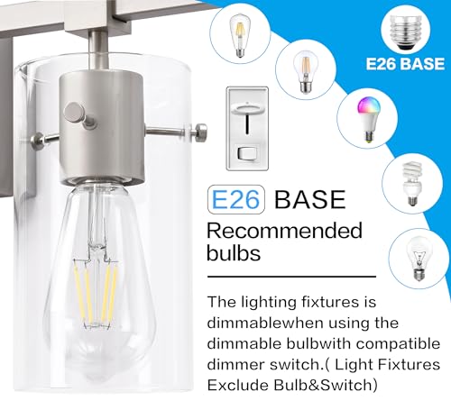 3 Lights Vanity Light Bathroom Light Fixture Over Mirror for Bathroom Glass Shade Lights Brushed Nickel Vintage Lighting Fixture (3 Count)