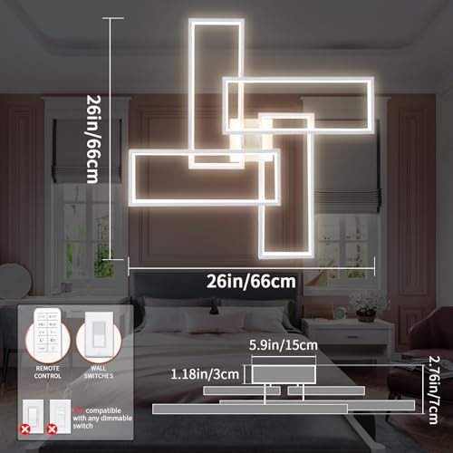 Modern LED Ceiling Light Fixture White Flush Mount Ceiling Light Dimmable 26" Bedroom Lights for Ceiling with Remote Control 48W Kitchen Ceiling Light Fixtures for Hallway 3000K