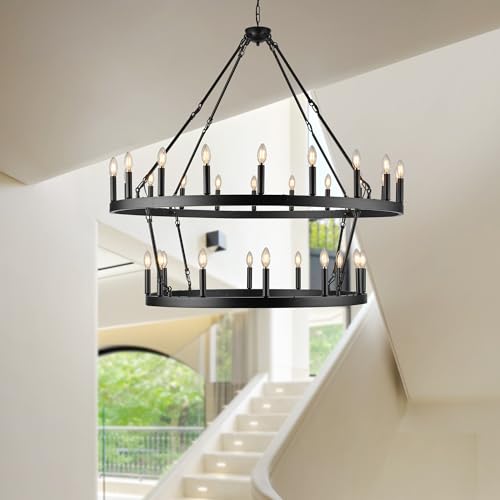Rustic Farmhouse Black Wagon Wheel Chandelier Large Chandeliers for High Ceilings Kitchen Table Lighting 2 Tier 32 Lights 50 Inch for Dining Room Living Room Foyer Porch Kitchen Island