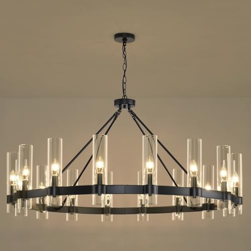 48 Inch Black Wagon Wheel Chandelier with Glass Shade