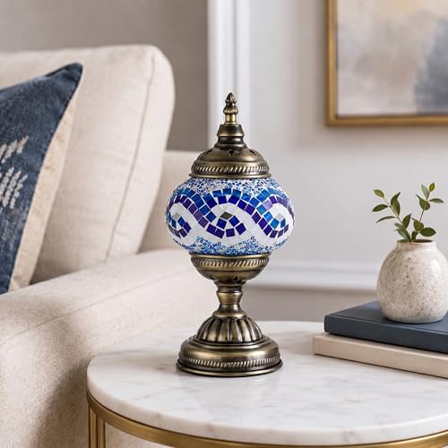 Turkish Moroccan Table Lamp Lantern with Handmade Mosaic Glass Lampshade Tiffany Style Bohemian Stained Glass Decorative Desk Lamps Bedside Night Lights for Bedroom