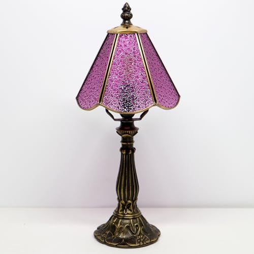 Small Tiffany Table Lamp Pink Diamond Style Stained Glass Desk Lamps 6X6X14 Inch Bronze Resin Base Antique Mini Accent Light