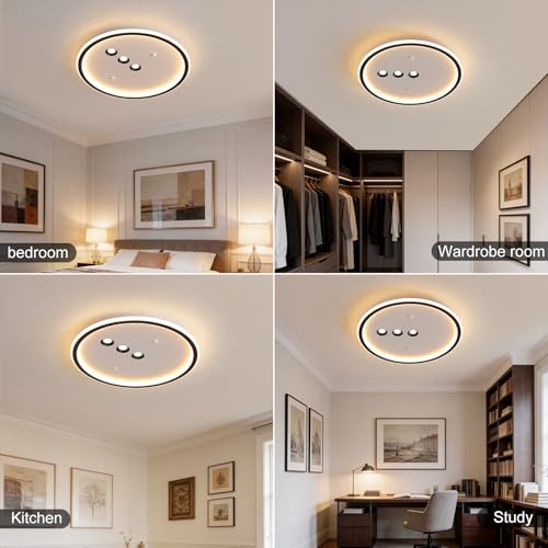 Modern Round LED Flush Mount Ceiling Light with Black Finish & 3 Spotlights
