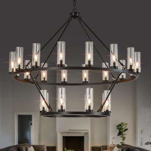 48 Inch Large Black Wagon Wheel Chandelier with Clear Glass Shade 2 Tier 24