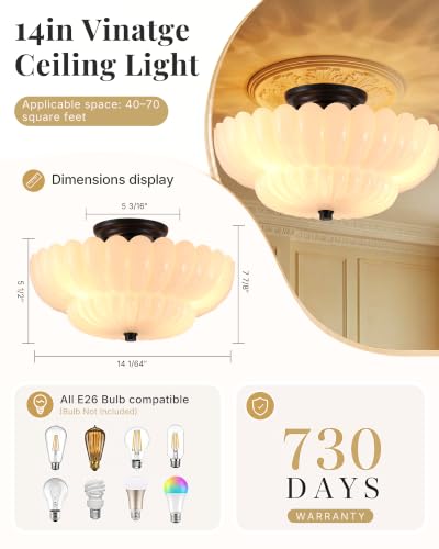 Semi Flush Mount Ceiling Light Fixture 14" Vinatge Black Ceiling Lights Mid Century Modern Milk White Glass Close to Ceiling Lighting Fixtures for Bedroom Hallway Kitchen Laundry Room Bathroom