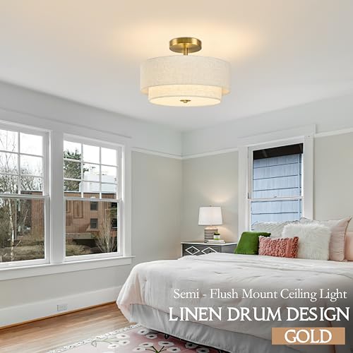 2 Light Semi Flush Mount Ceiling Light Fixture 12.6 Inch Modern Gold Drum Lights Fixture with 2