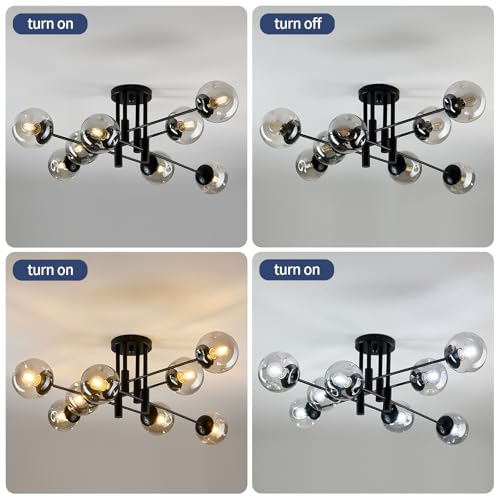 8 Light Sputnik Chandelier with Glass Globe Mid Century Modern Black Ceiling Light Fixture Large Flush Mount Chandelier for Dining Room Bedroom Living Room Kitchen