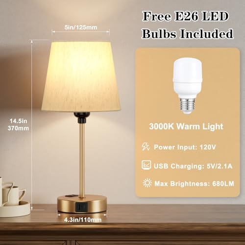 Gold Bedside Lamps Set 2 for Bedroom (2 Count)