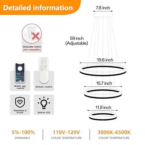 Modern Led Chandelier 3 Rings Black Pendant Lights Dimmable Chandeliers Color Temperature Height Adjustable Black Chandelier Led Pendant Light for Living Room Dining Room Bedroom Entryway