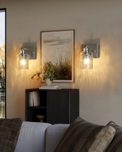 Hammered Glass Wireless Battery Operated Wall Sconces Set of Two Nickel