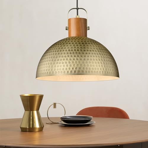16 Inch Large Hammered Pendant Light Fixtures Ash Wood Vintage Dome Hanging Lamp Antique Gold Metal Kitchen Chandelier for Island