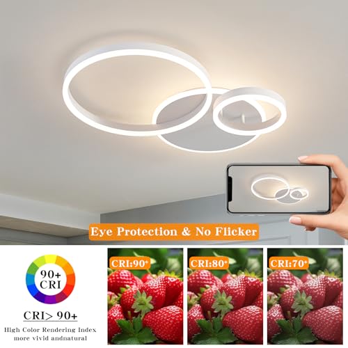 Modern 3 Ring LED Chandelier Lamp Fixture White 25.59''Dimmable Acrylic Flush Mount Ceiling Lights with Remote Control Ideal for Small Room