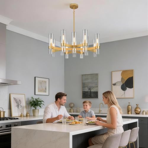 12 Light Large Gold Farmhouse Chandeliers for Dining Room Light Fixture 34"