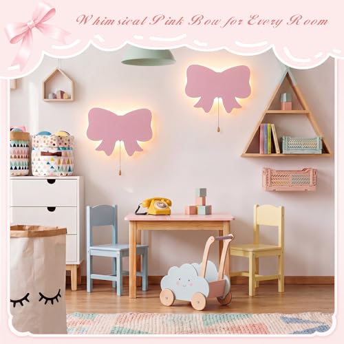 2 Pcs Pink Bow Night Light for Girls Cute Floating LED Lamp for Kids Nursery Room Decor Battery or USB Operated Night Light for Wall Bedroom Table Office Home Decorations (2 Count)